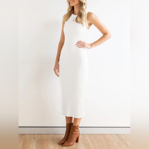 Ribbed Bodycon Midi Dress, winter white, NWT, SMALL, - Picture 3 of 7